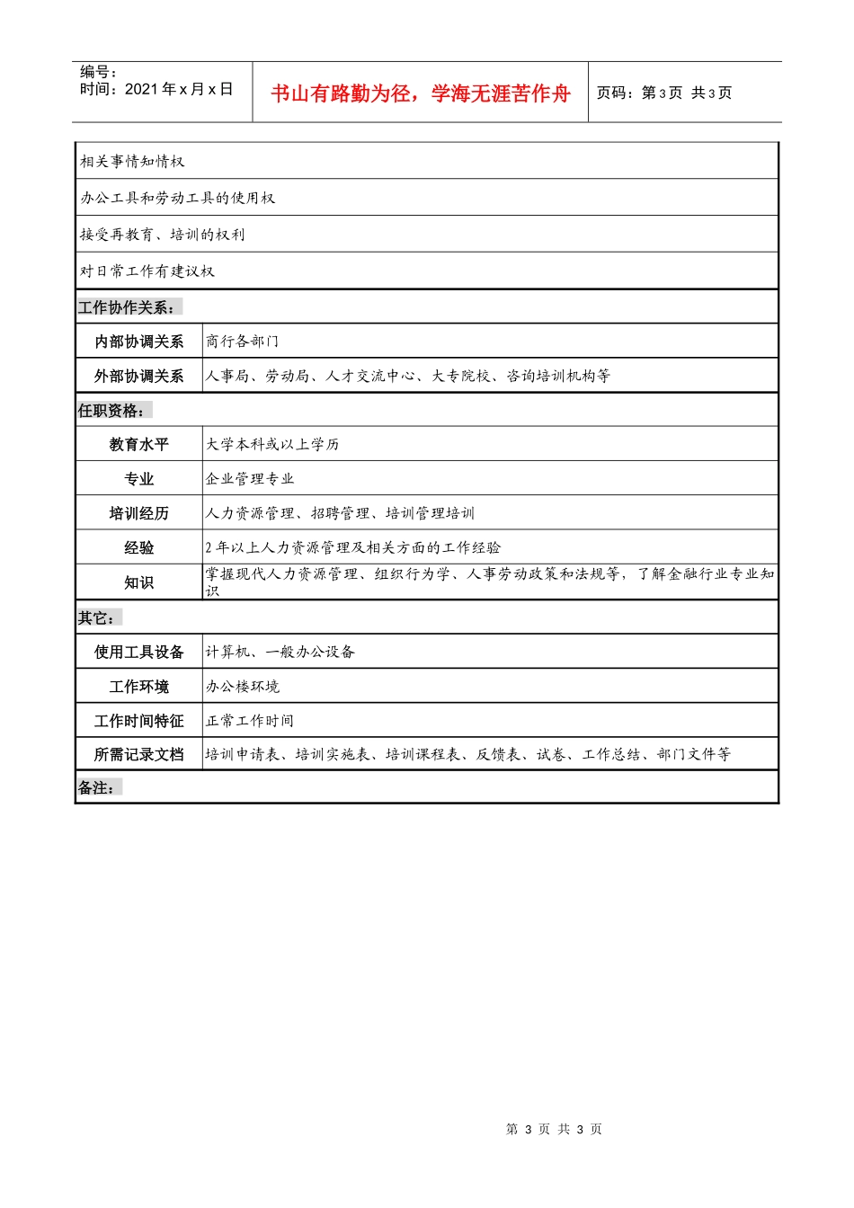 商业银行招聘培训管理岗职务说明书_第3页