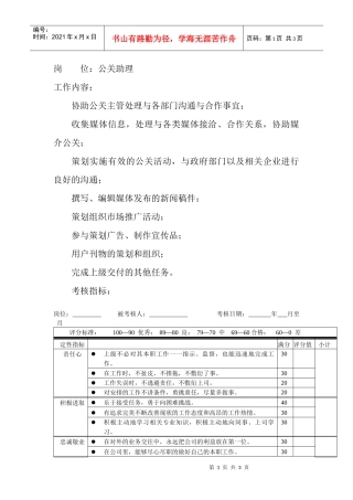岗位工作内容和年度定性考核指标-公关助理
