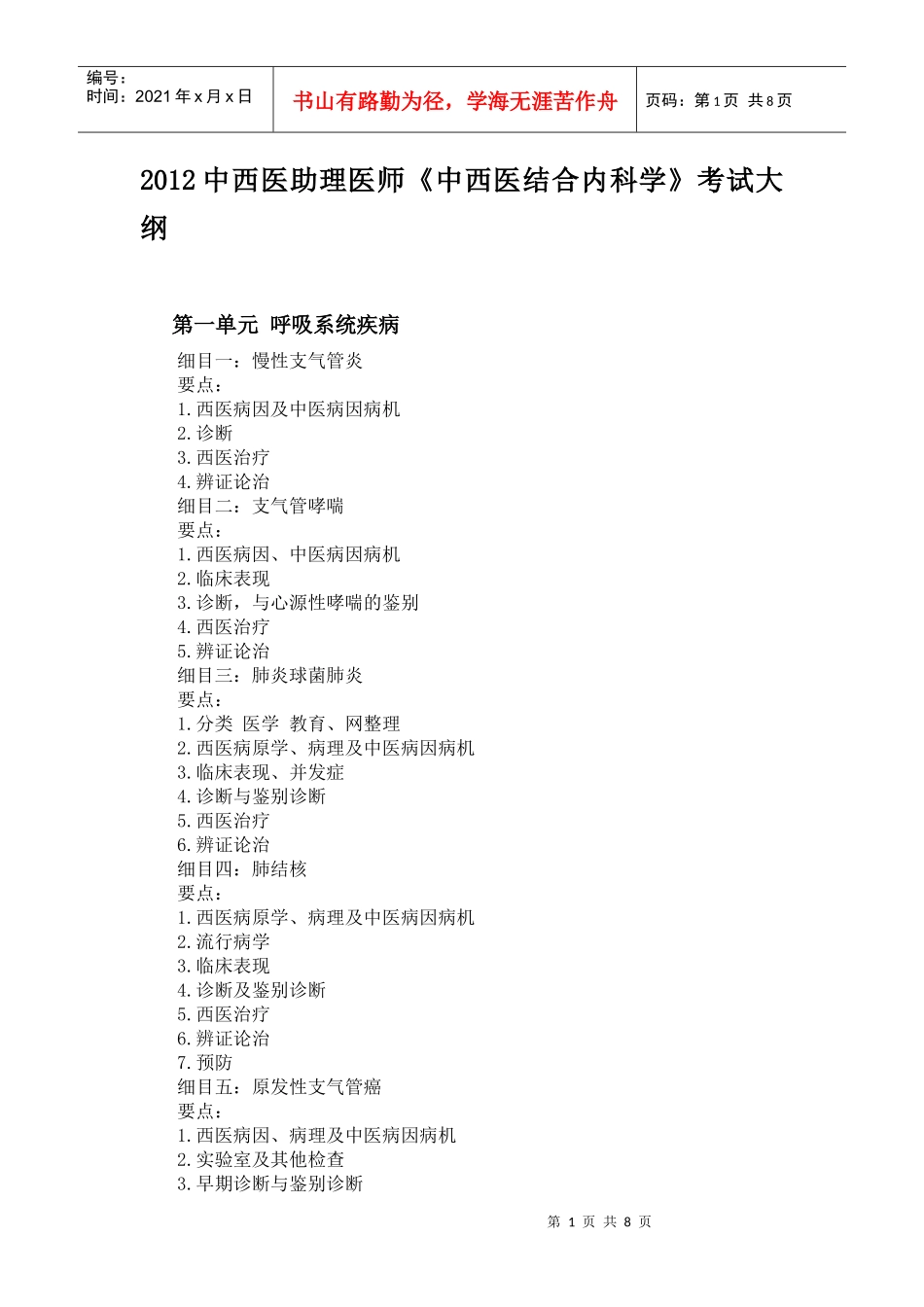 人力资源-2022XXXX年中西医助理医师《中西医结合内科学》考试大纲_第1页