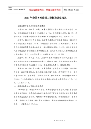 人力资源-2022XXXX全国各省市最低工资标准