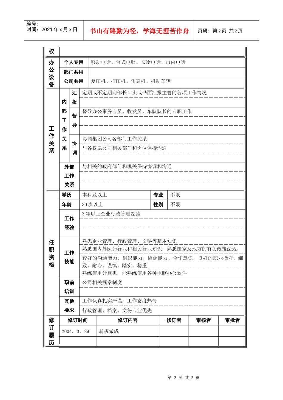 人力资源-20222行政管理部_部长助理_职位说明书_第2页