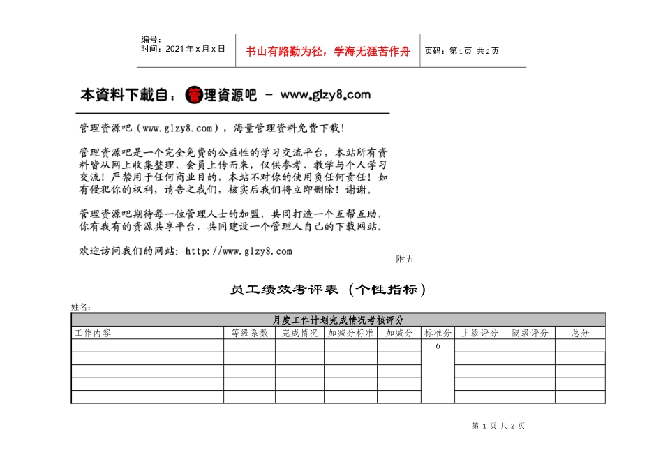 员工绩效考评表（个性指标）_第1页