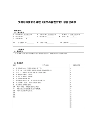 交易与结算部总经理（兼交易管理主管）职务说明书