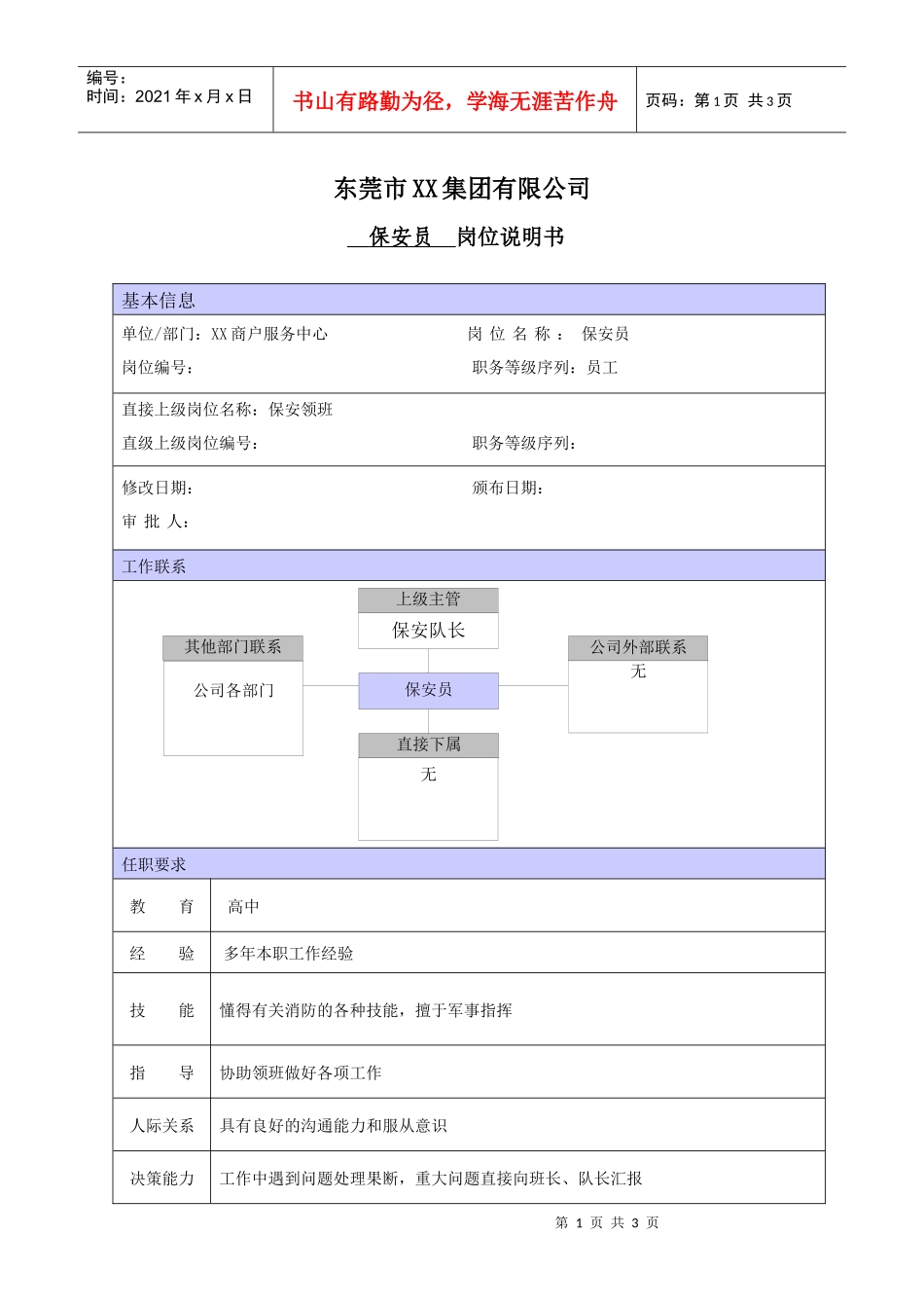 XX商场保安员职位说明_第1页