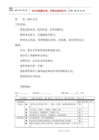 岗位工作内容和年度定性考核指标-前台文员