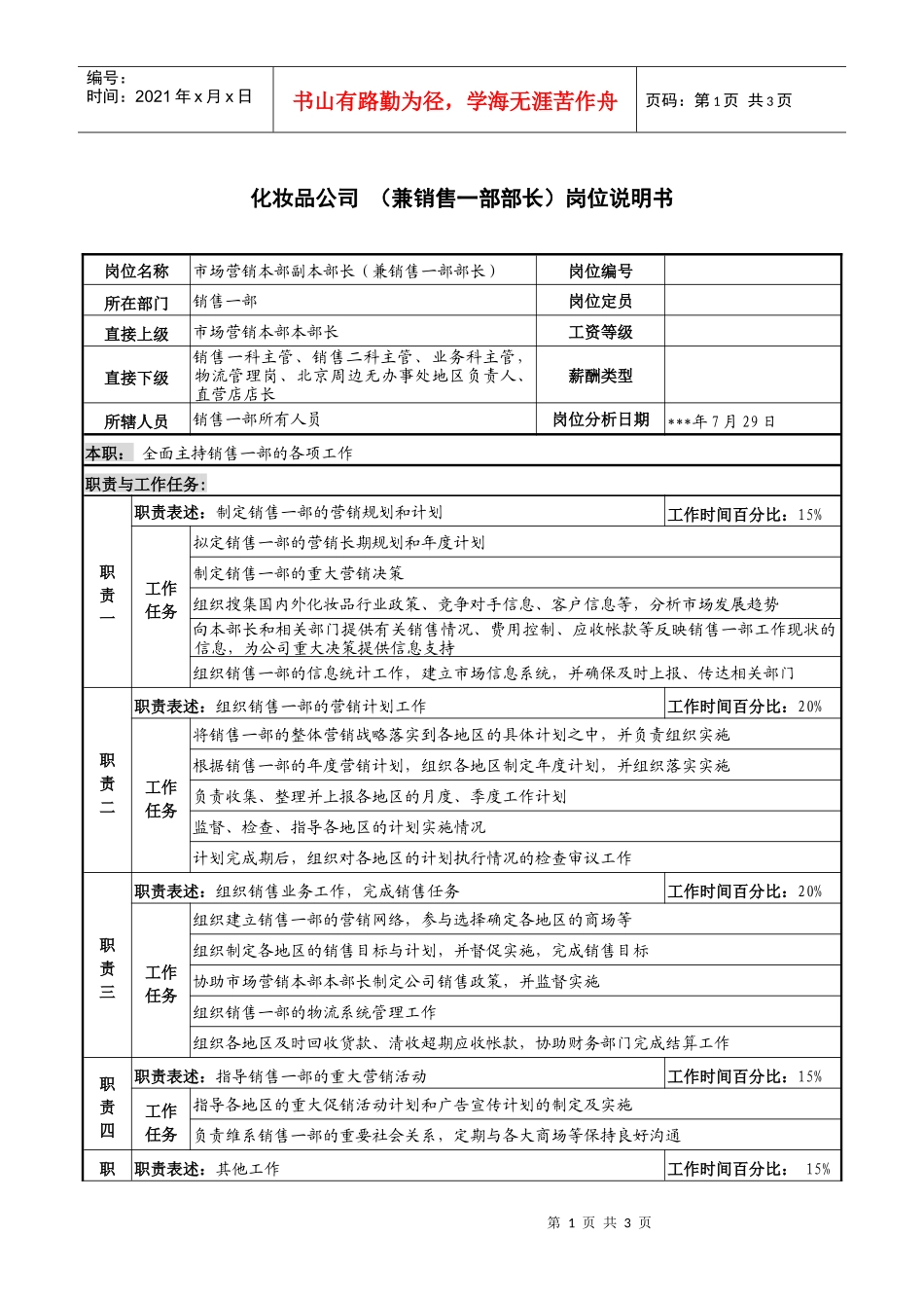 化妆品公司（兼销售一部部长）岗位说明书_第1页