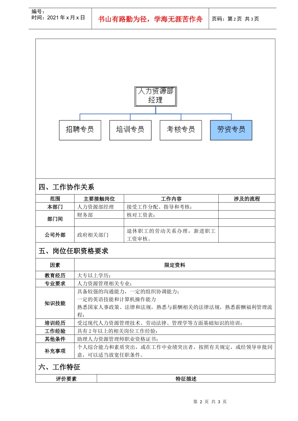 人力资源部劳资专员岗位说明书_第2页