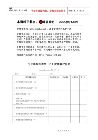 分支机构经理季（月）度绩效评价表