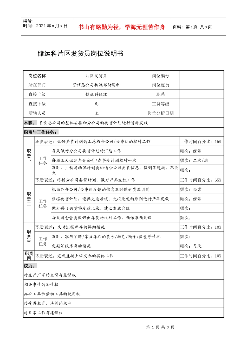 制鞋企业储运科片区发货员岗位说明书_第1页