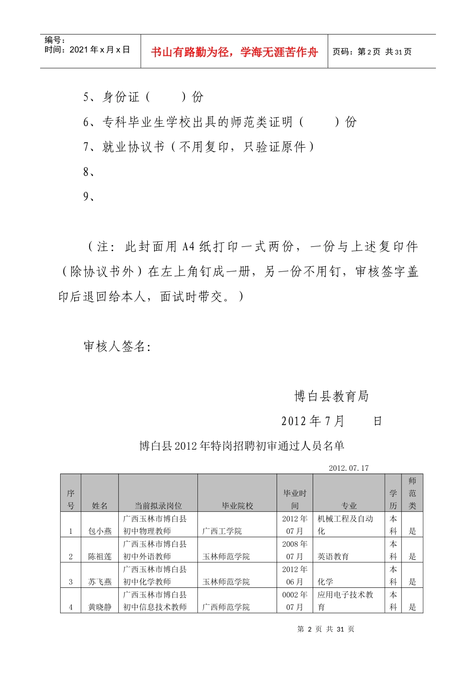二0一二年博白县特岗教师招聘岗位、职数_第2页