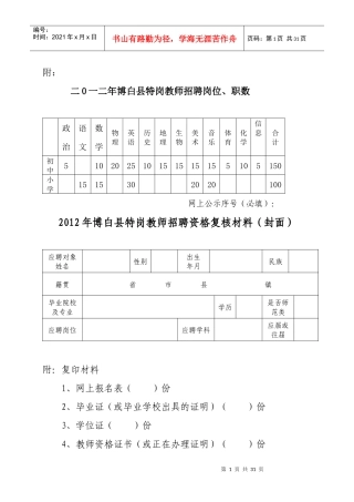 二0一二年博白县特岗教师招聘岗位、职数