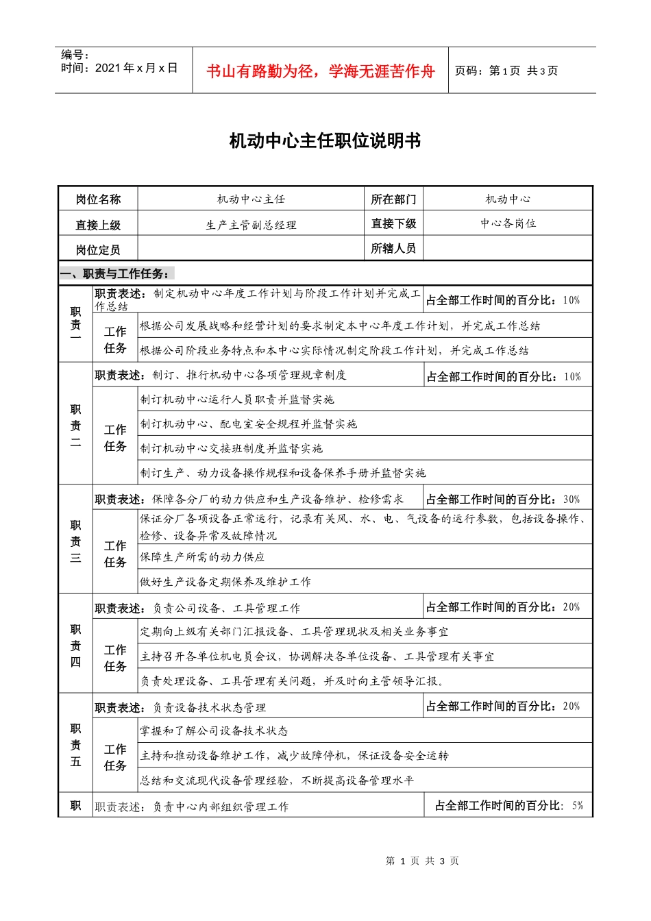 仪器生产企业机动中心主任职位说明书_第1页