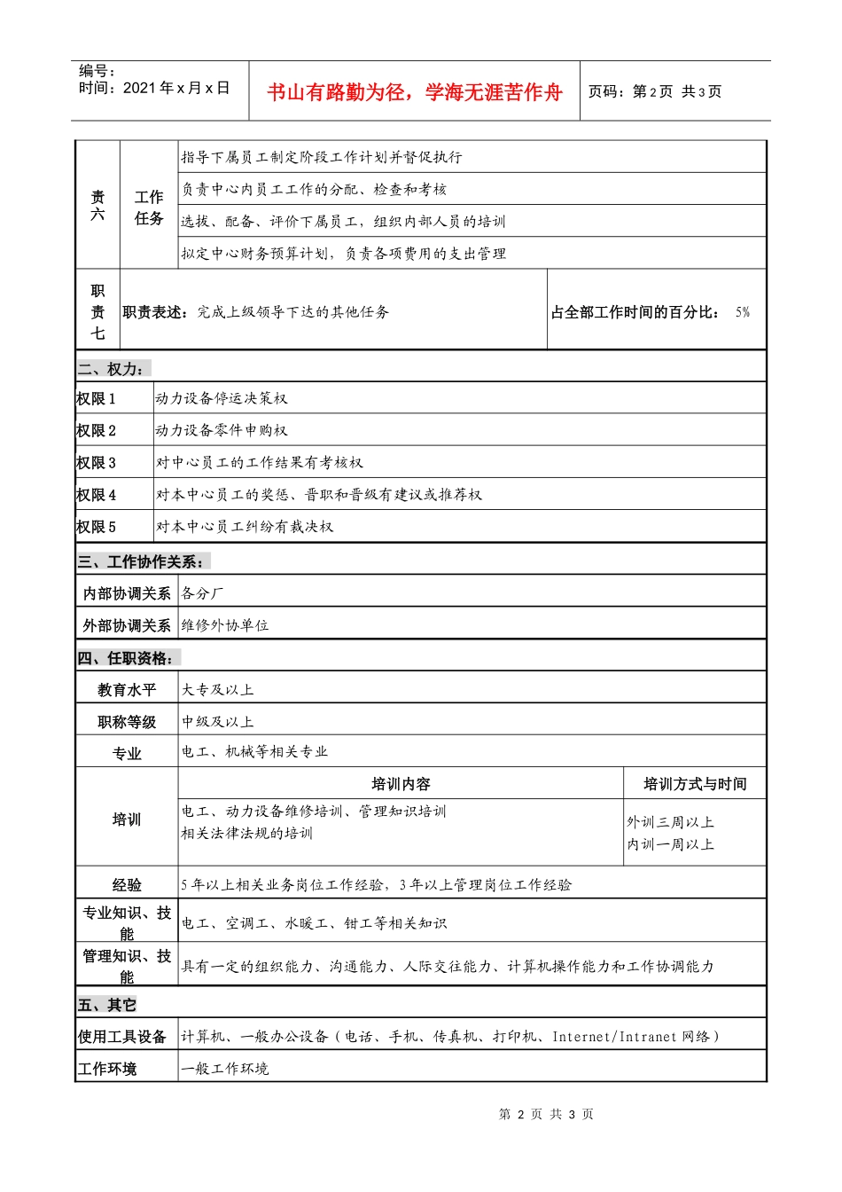 仪器生产企业机动中心主任职位说明书_第2页