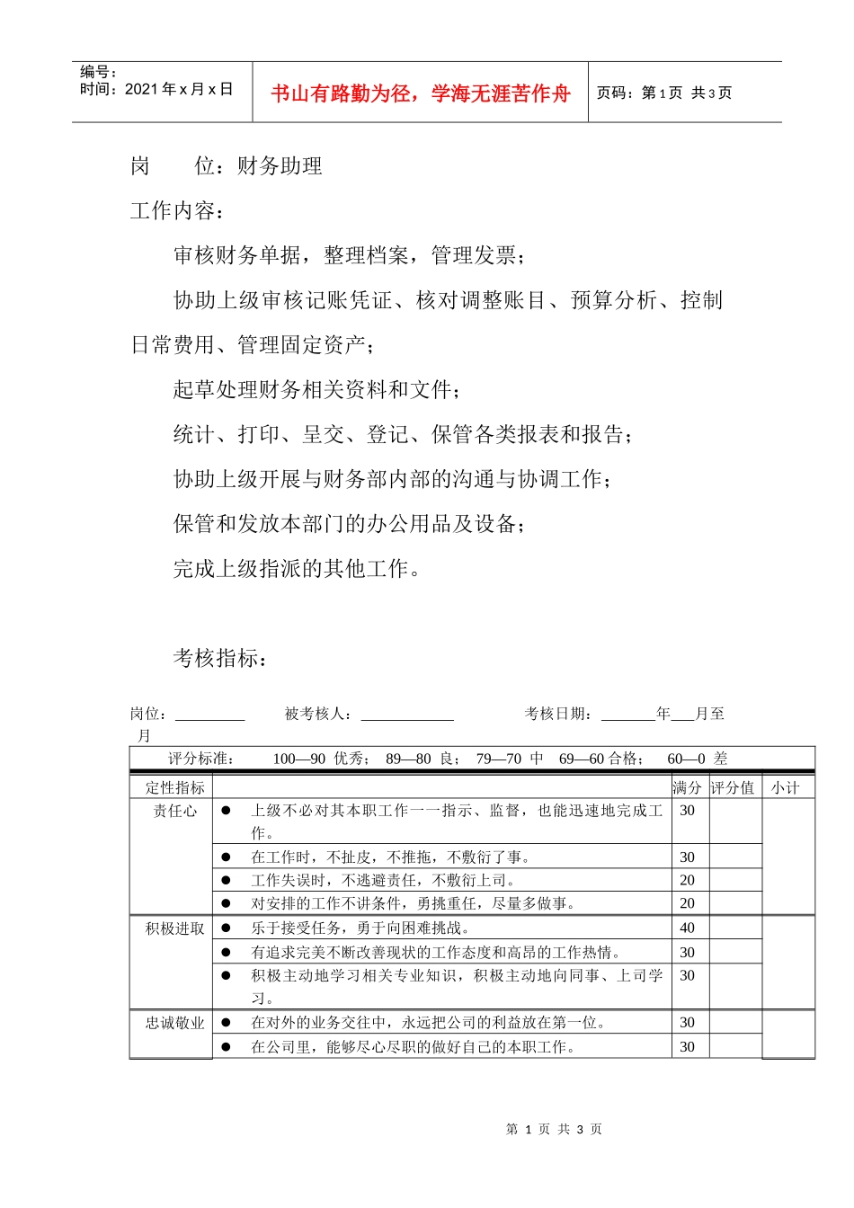 岗位工作内容和年度定性考核指标-财务助理_第1页