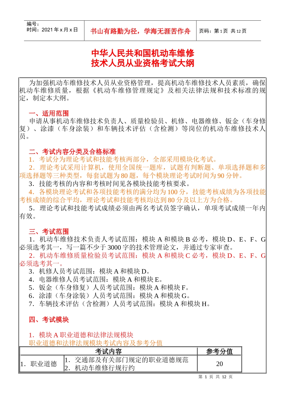 中华人民共和国机动车维修技术人员从业资格考试大纲_第1页