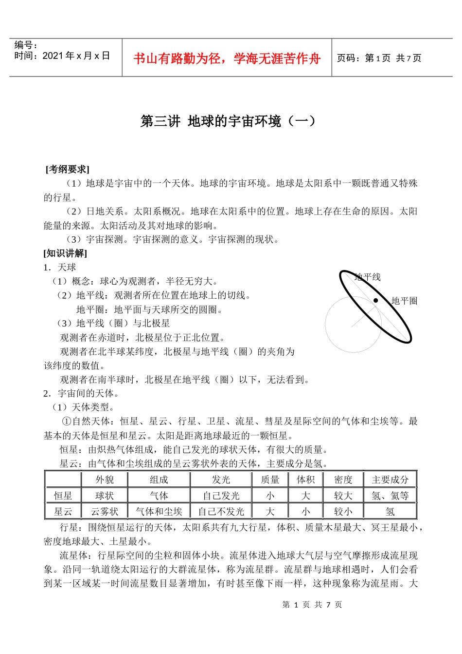 地理教案教学设计第3讲地球的宇宙环境（一）_第1页
