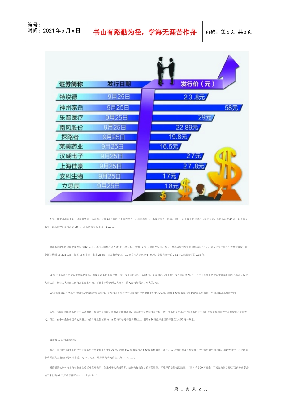 创业板十股高身价亮相10公司打新攻略_第1页