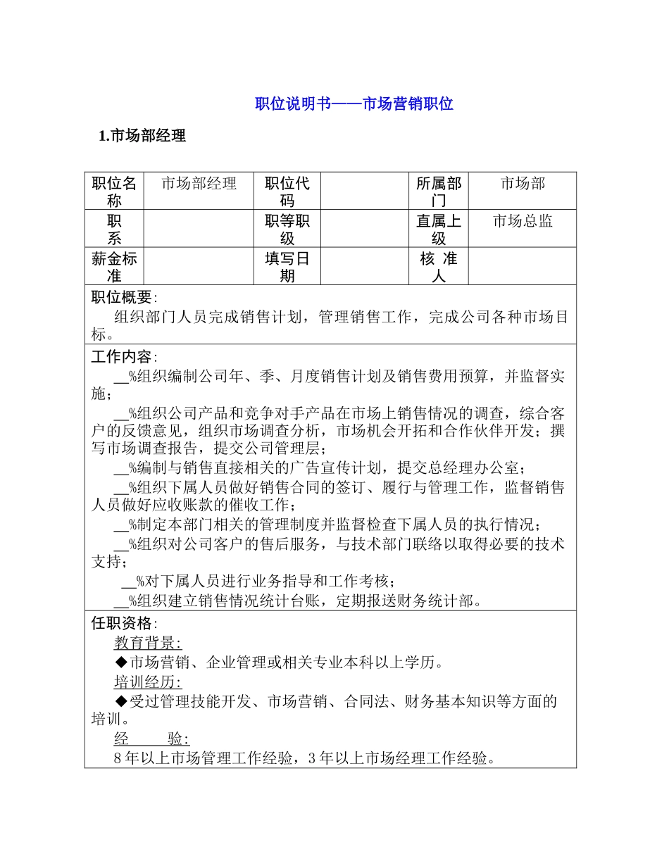 企业市场营销部岗位职责说明书_第1页