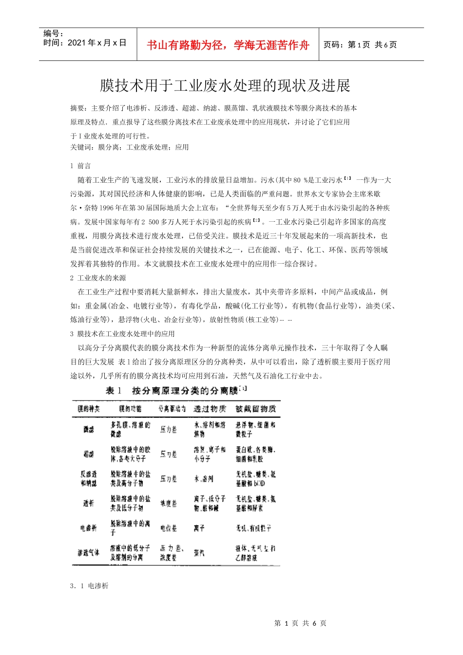 人力资源-20221膜技术用于工业废水处理的现状及进展_第1页