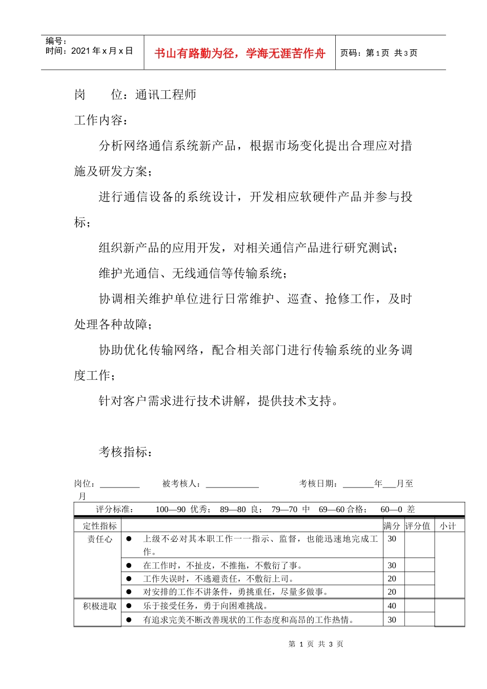 岗位工作内容和年度定性考核指标-通讯工程师_第1页