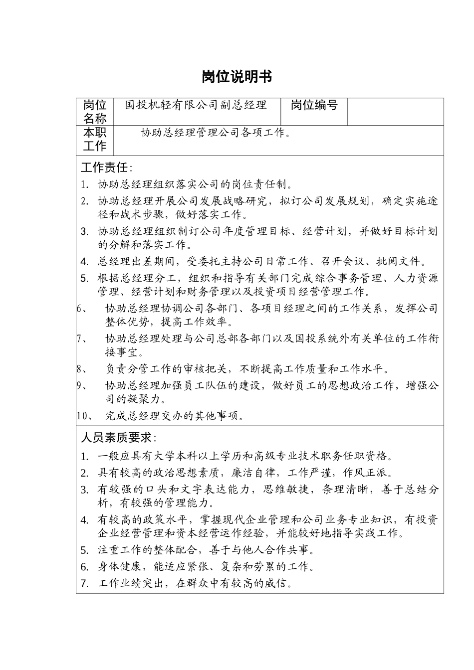 国投机轻有限公司总经理岗位说明书_第2页