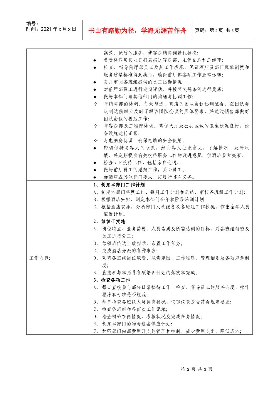 前厅部经理岗位说明书_第2页