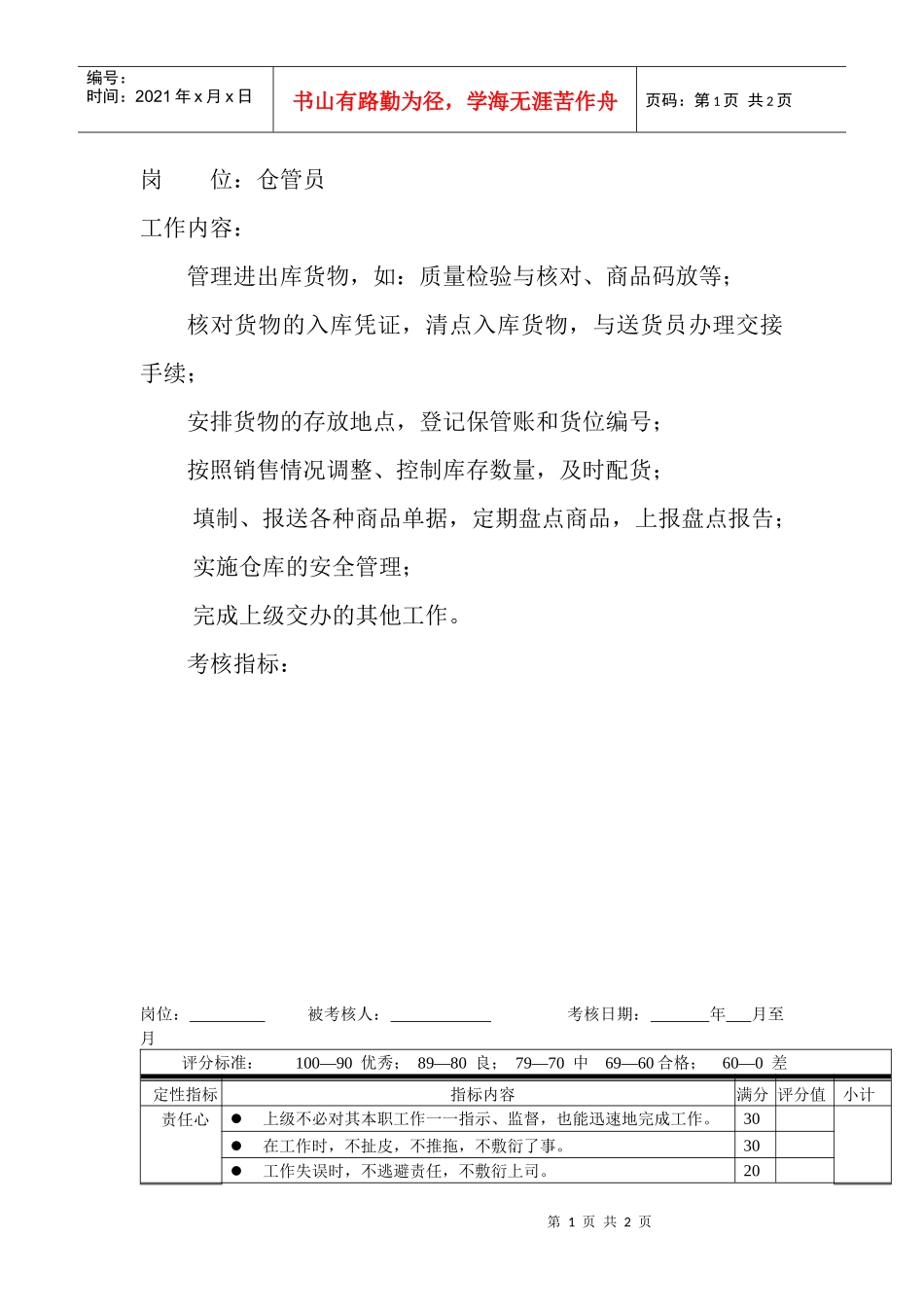 岗位工作内容和年度定性考核指标-仓管员_第1页