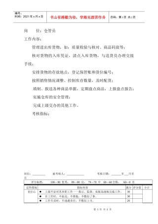 岗位工作内容和年度定性考核指标-仓管员