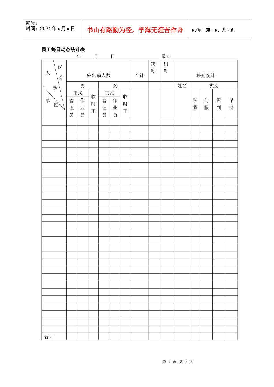 员工每日考勤汇总统计表_第1页