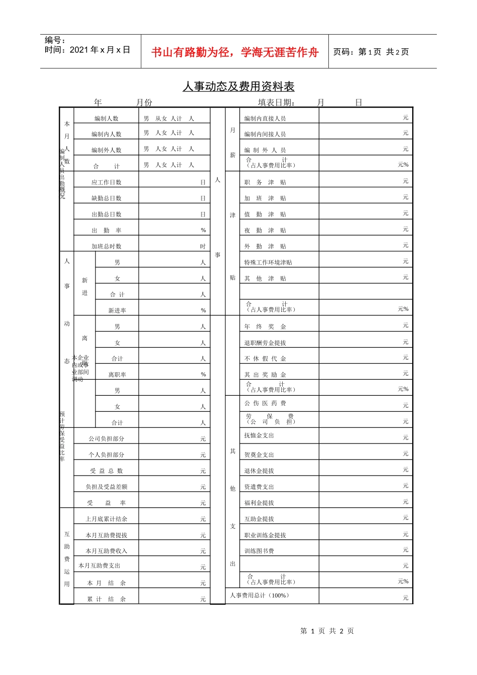 人力资源-2022242人事动态及费用资料表_第1页