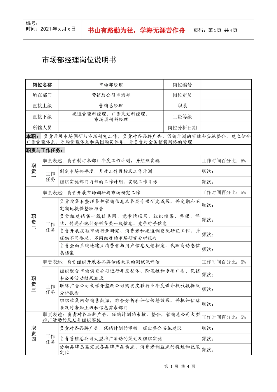 制鞋企业市场部经理岗位说明书_第1页