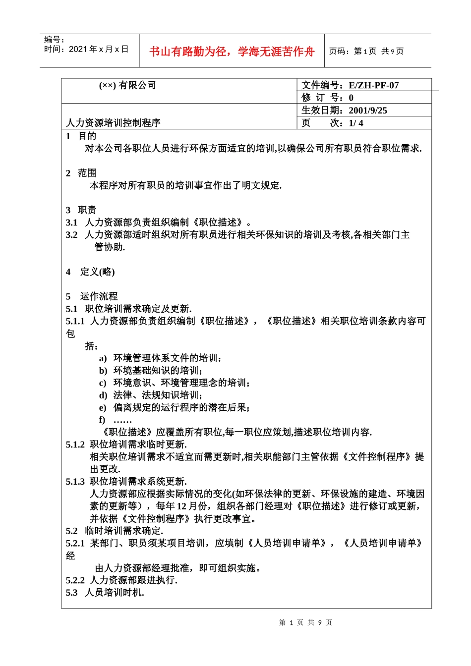 人力资源培训控制程序DOC8_第1页
