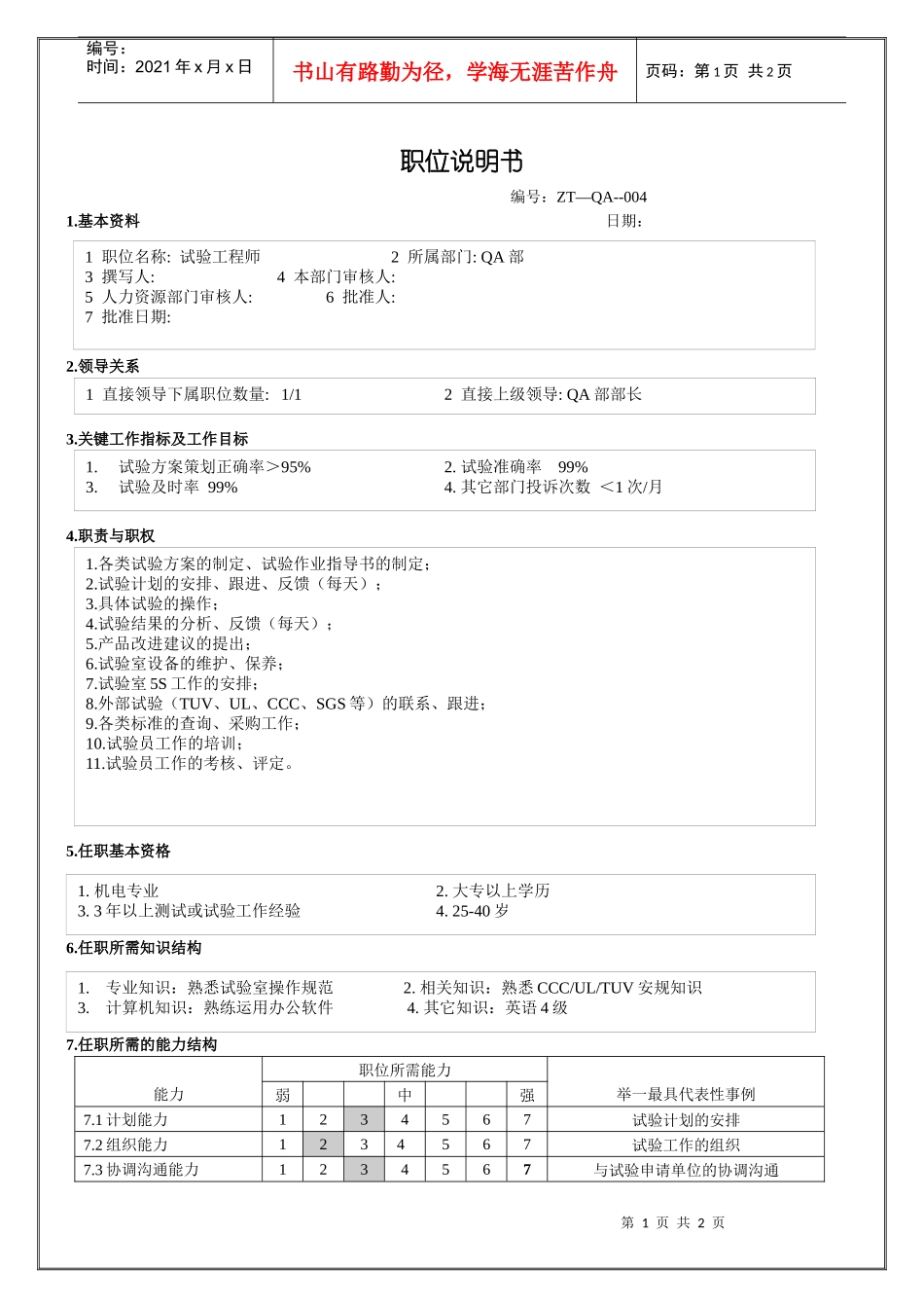 人力资源-2022QA部试验工程师职位说明书_第1页