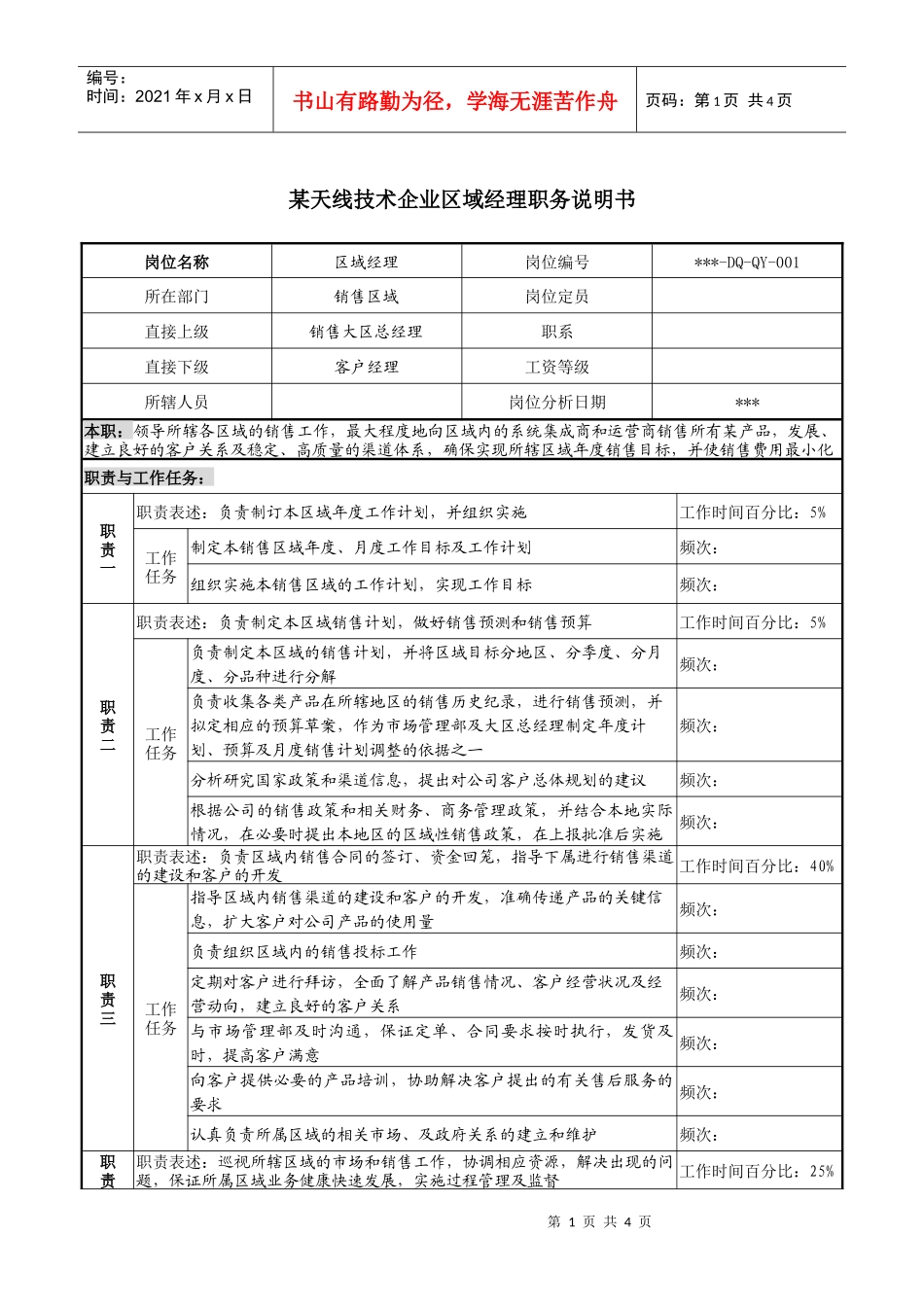 天线技术企业区域经理职务说明书_第1页