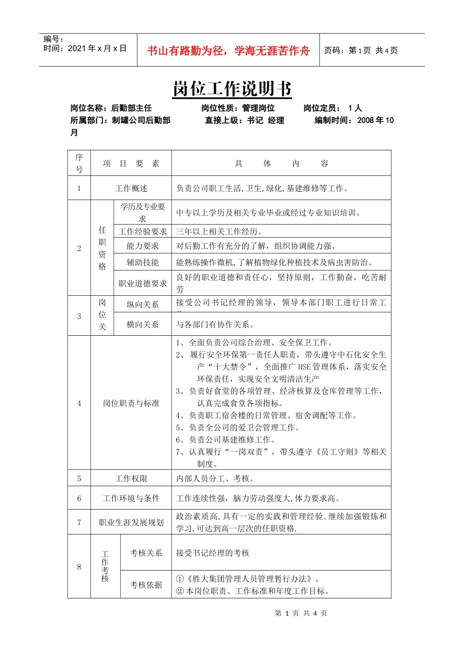 公司后勤部岗位说明书全套模板_第1页