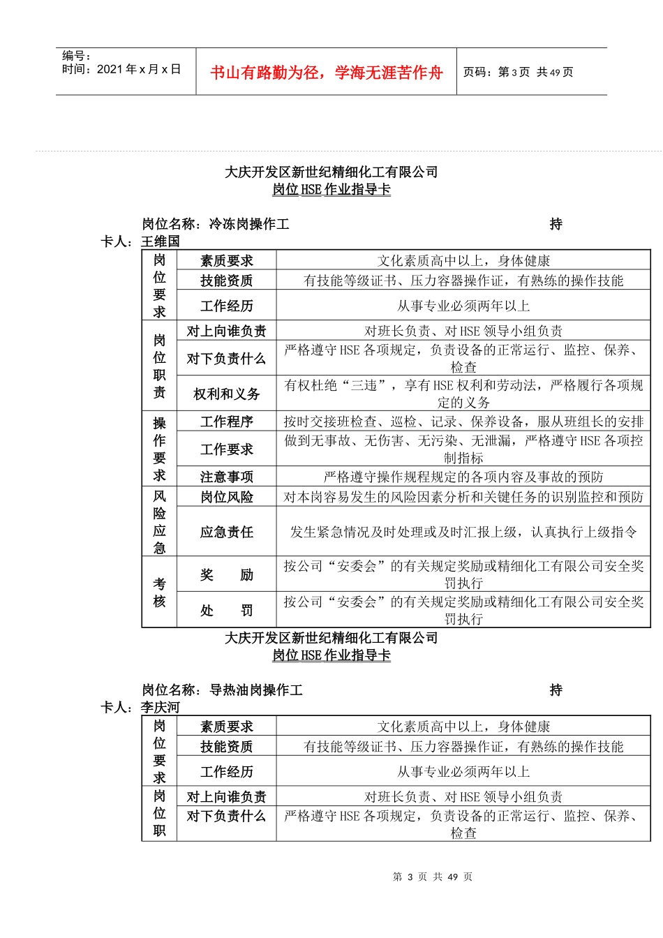 【岗位分析--hse岗位作业指导卡-全套范例】_第3页