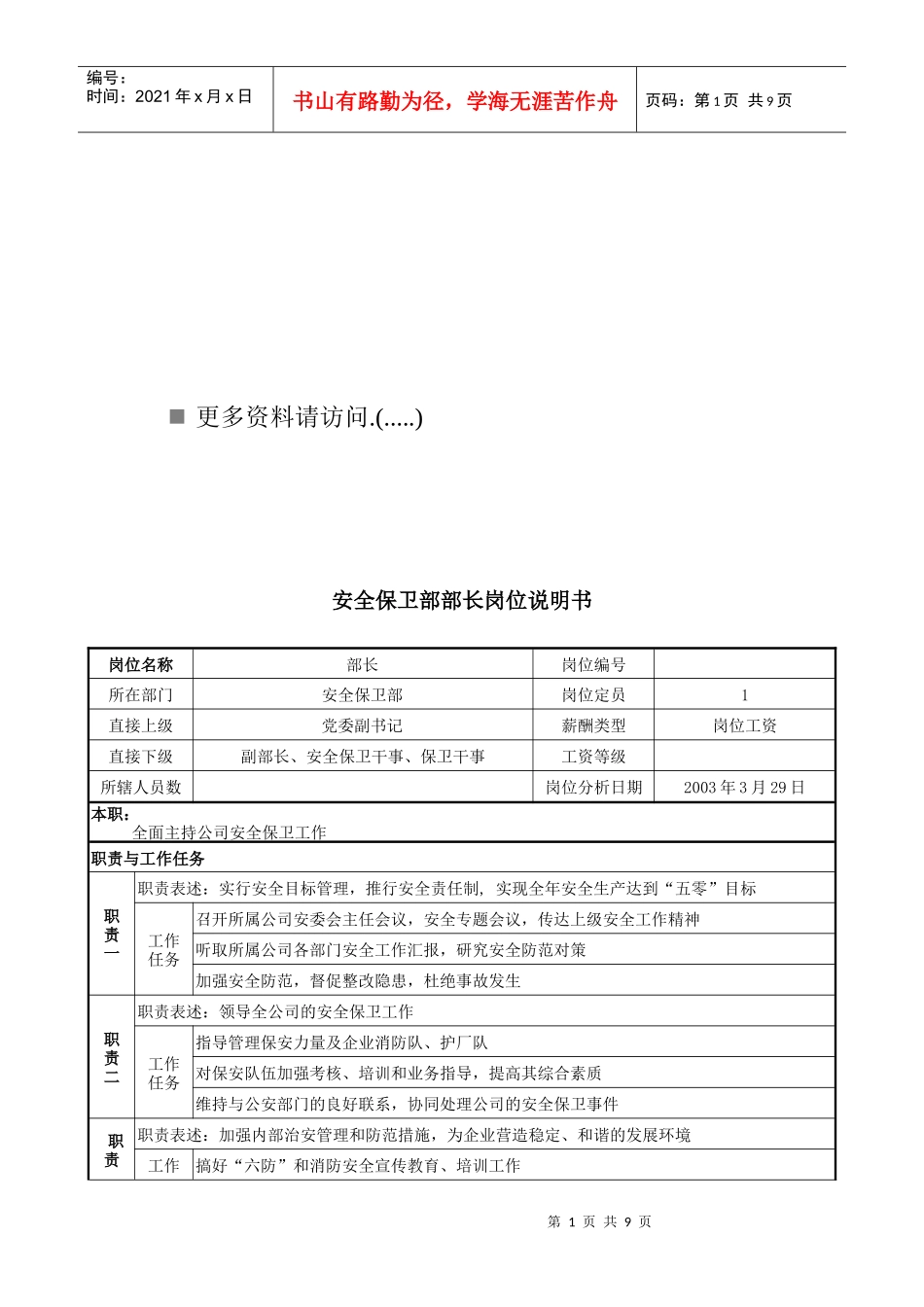 安全保卫部岗位职责说明书_第1页