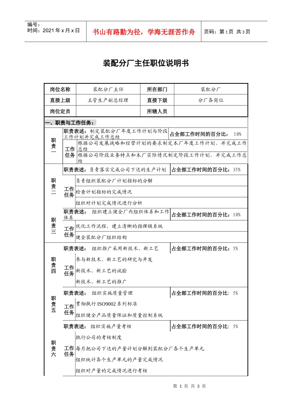 仪器生产企业装配分厂主任职位说明书._第1页