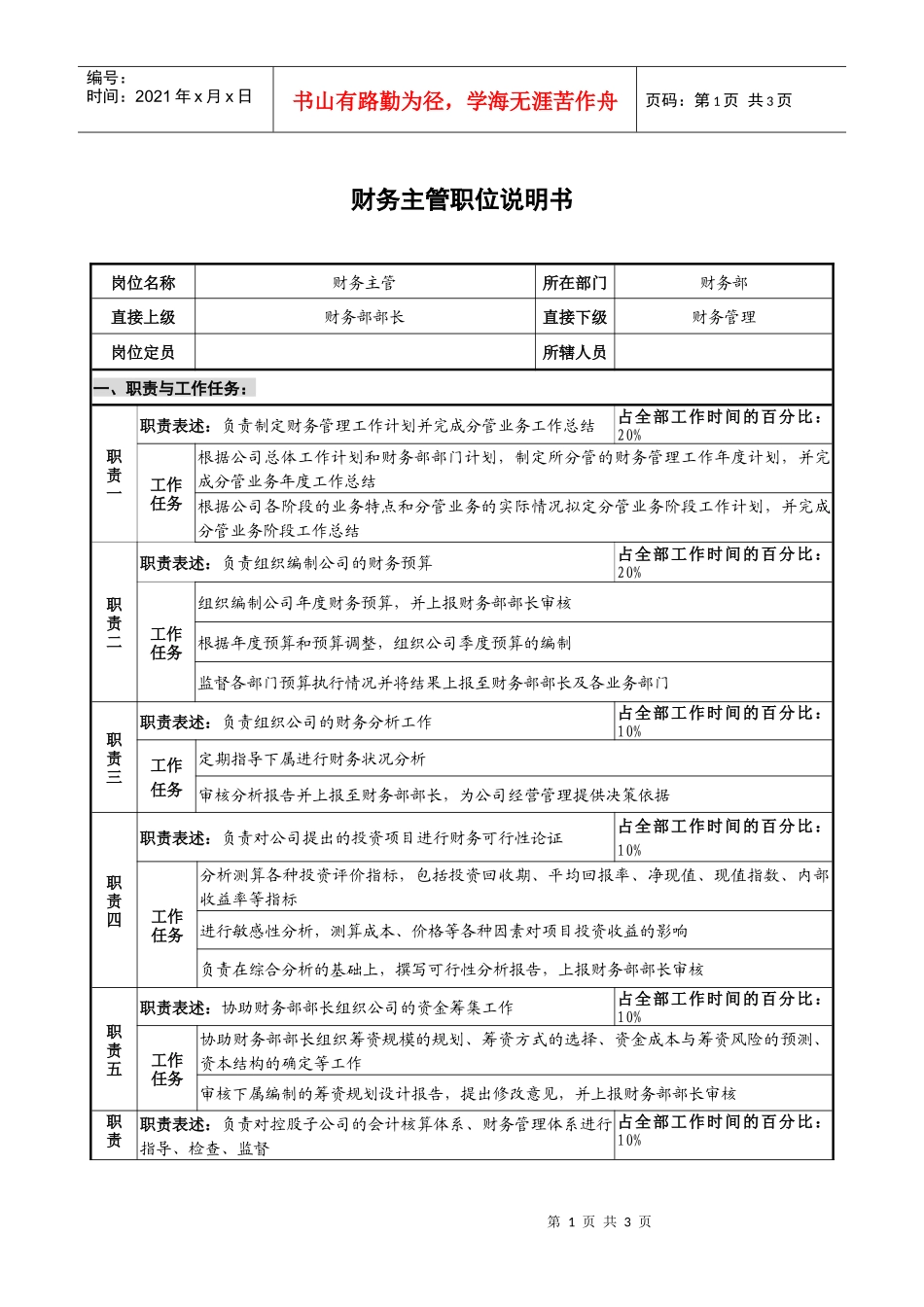 仪器生产企业财务主管职位说明书_第1页