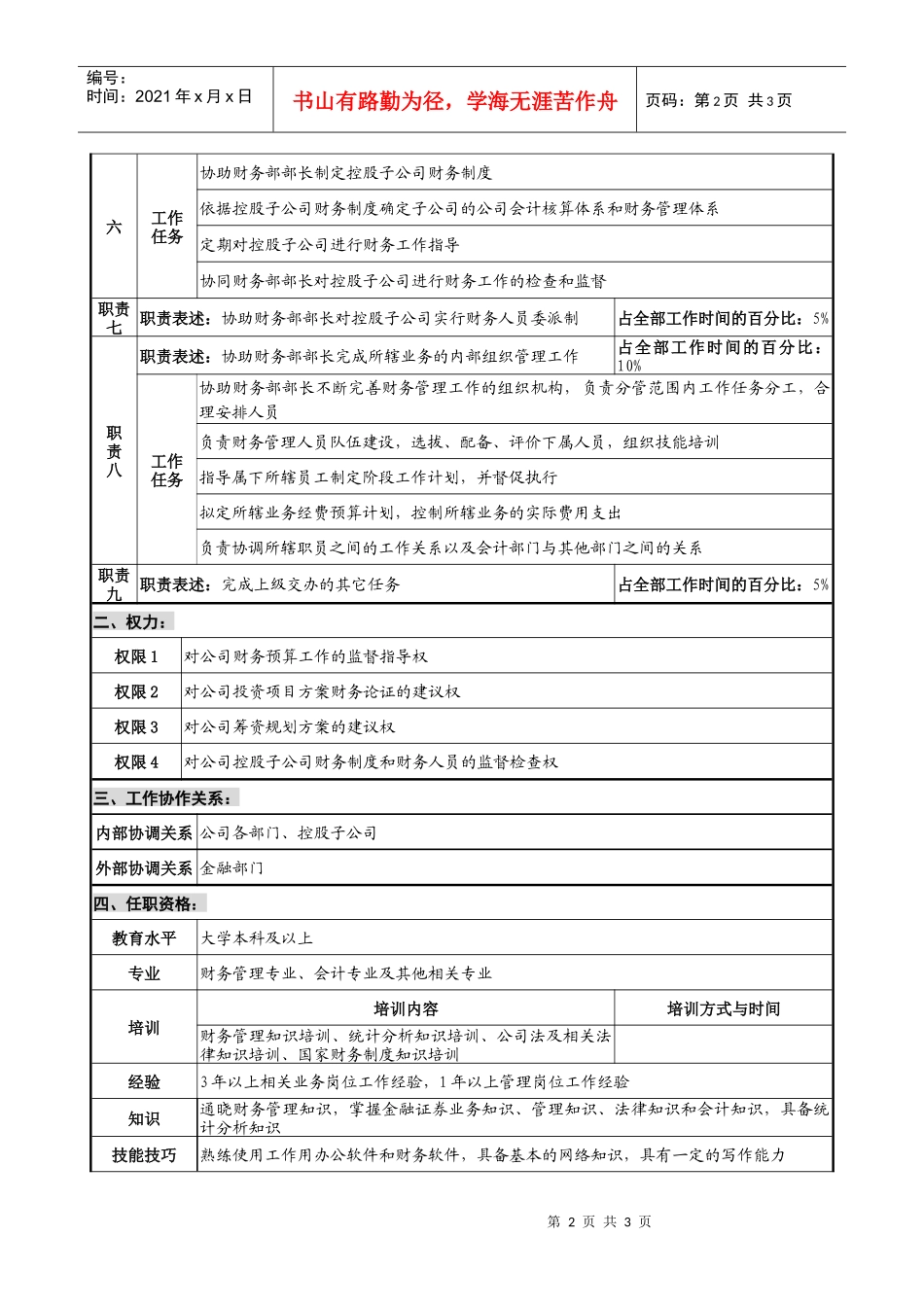 仪器生产企业财务主管职位说明书_第2页
