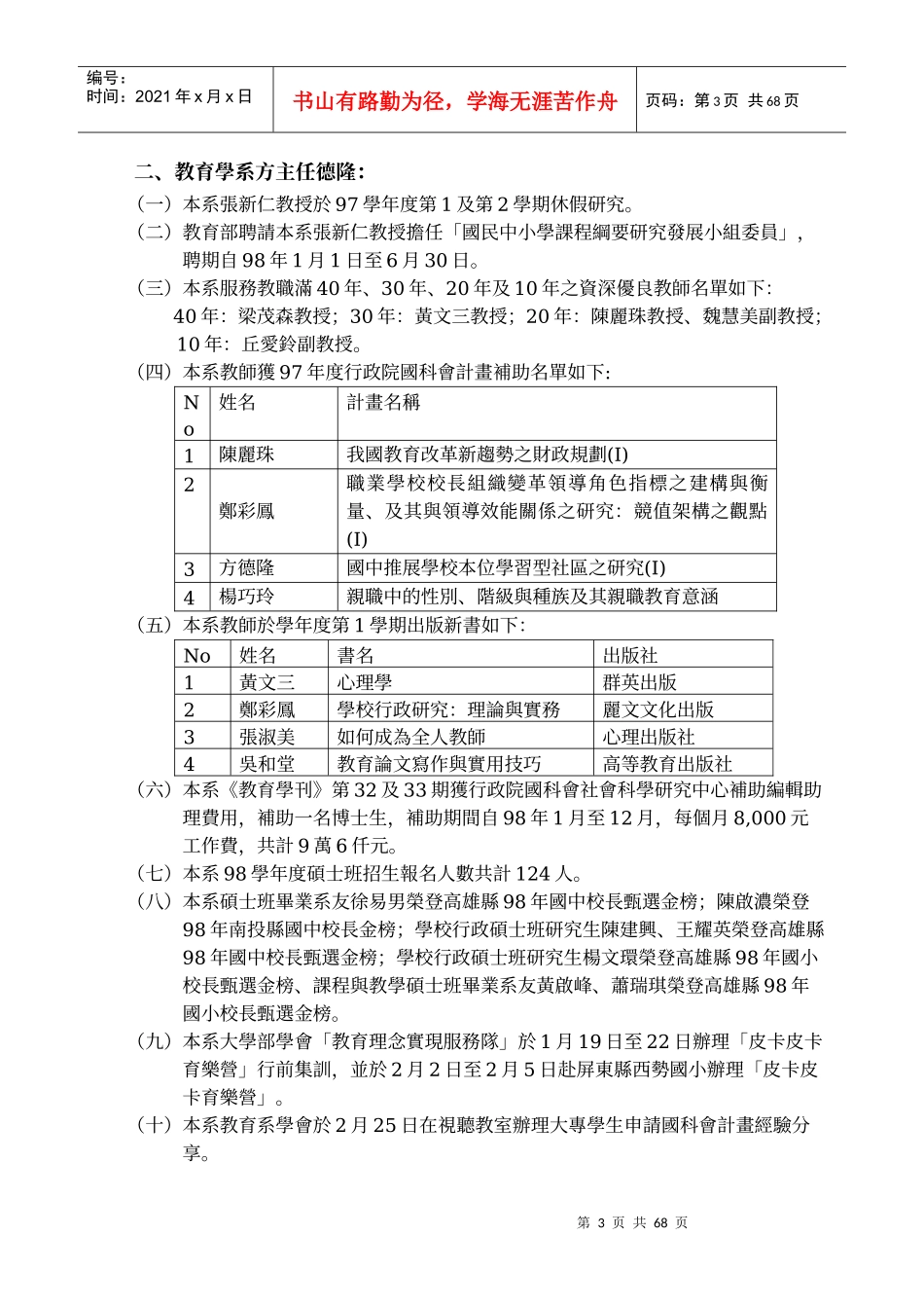 国立高雄师范大学九十七学年度第六次行政会议议程_第3页
