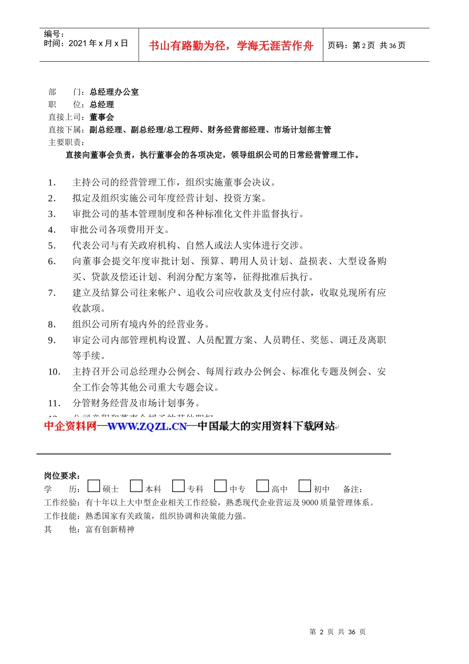 凯纳方实业有限公司职位说明书_第2页