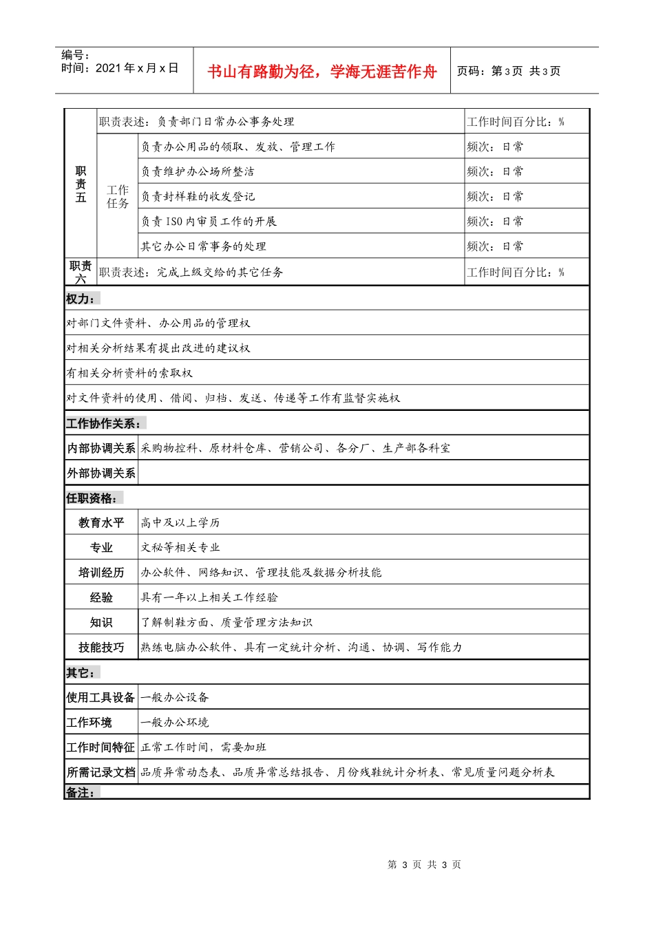 奥康集团质量管理部质量分析与统计员岗位说明书_第3页