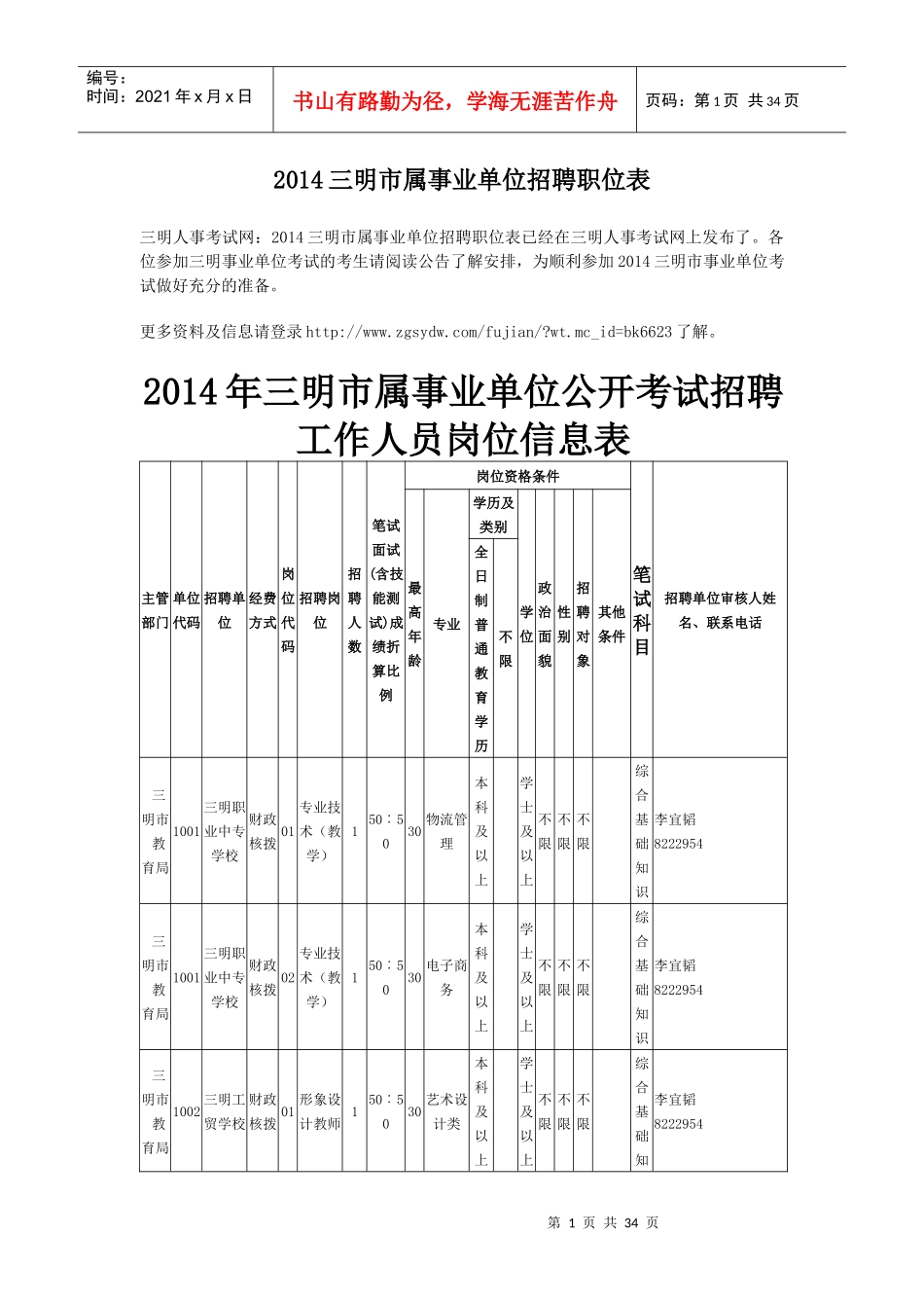 人力资源-2022XXXX三明市属事业单位招聘职位表_第1页