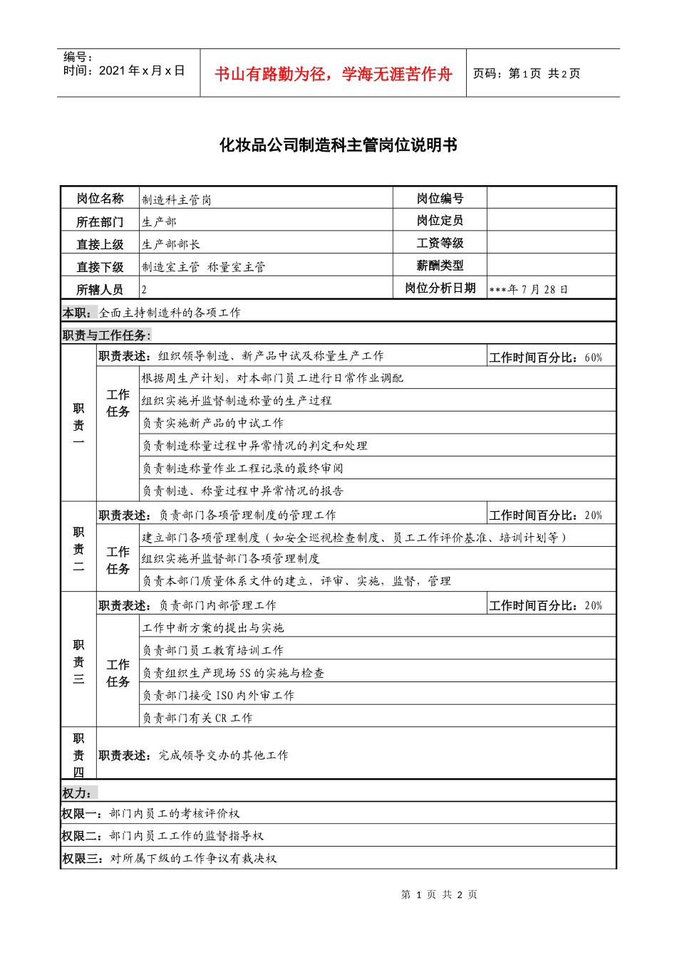 化妆品公司制造科主管岗位说明书_第1页