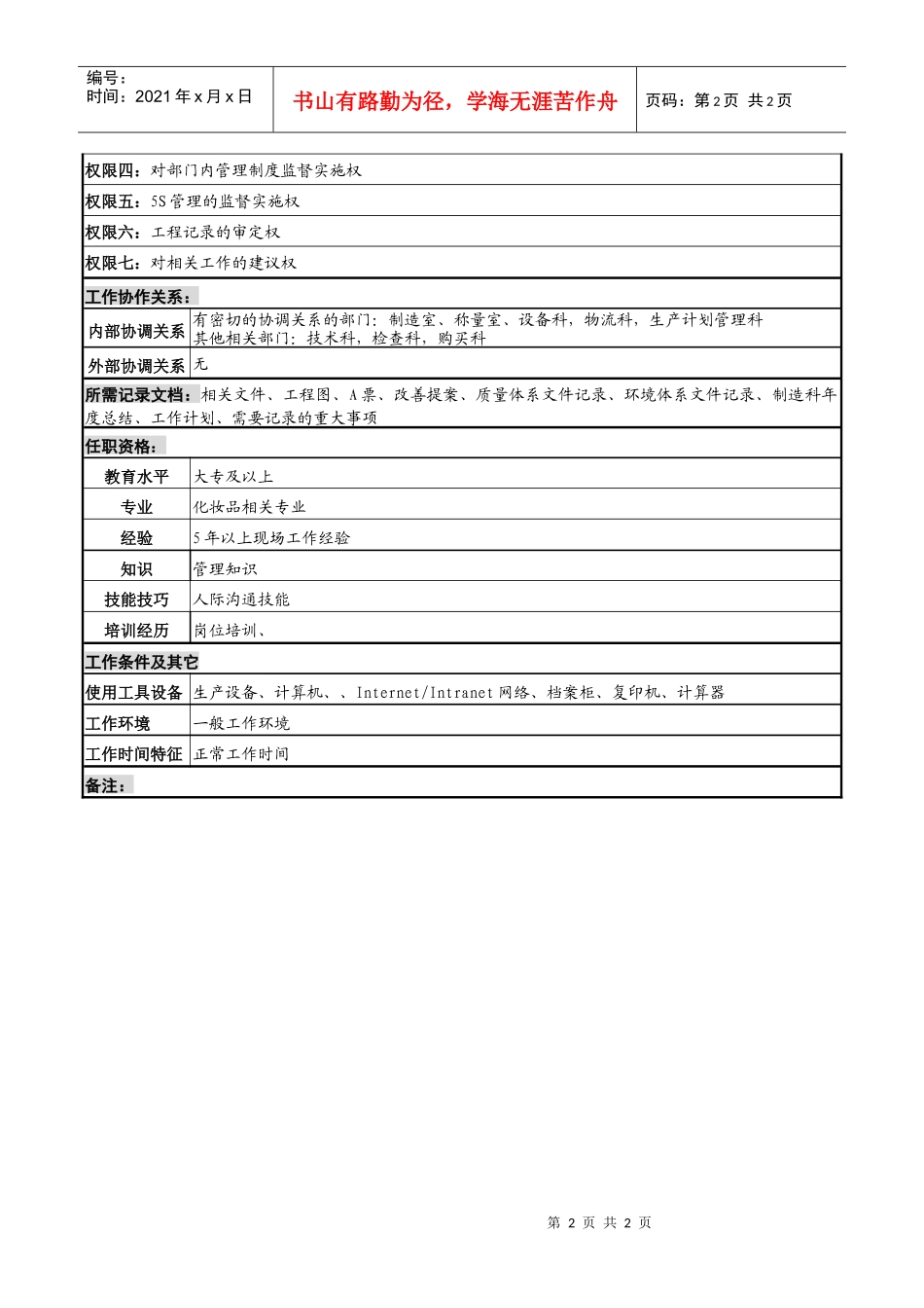 化妆品公司制造科主管岗位说明书_第2页