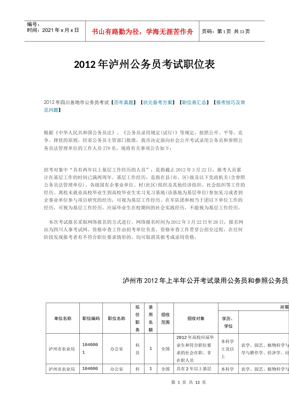 XXXX年泸州公务员考试职位表_第1页