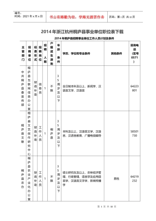 X年浙江杭州桐庐县事业单位职位表下载