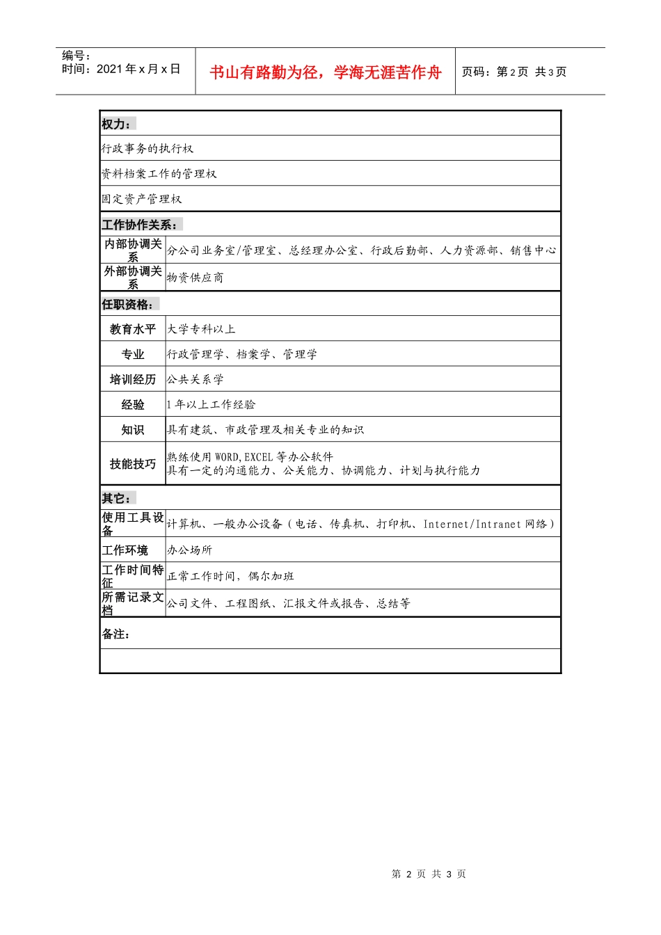 分公司办公室行政事务职务说明书_第2页