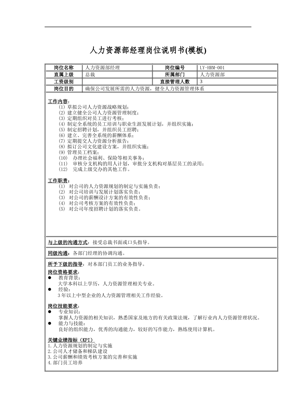 上海良友-人力资源部经理岗位说明书_第1页